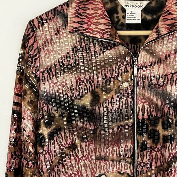 Misook Jacket Size Small Zip Front Animal Print Shiny Collar Artsy Exclusively - Picture 3 of 8